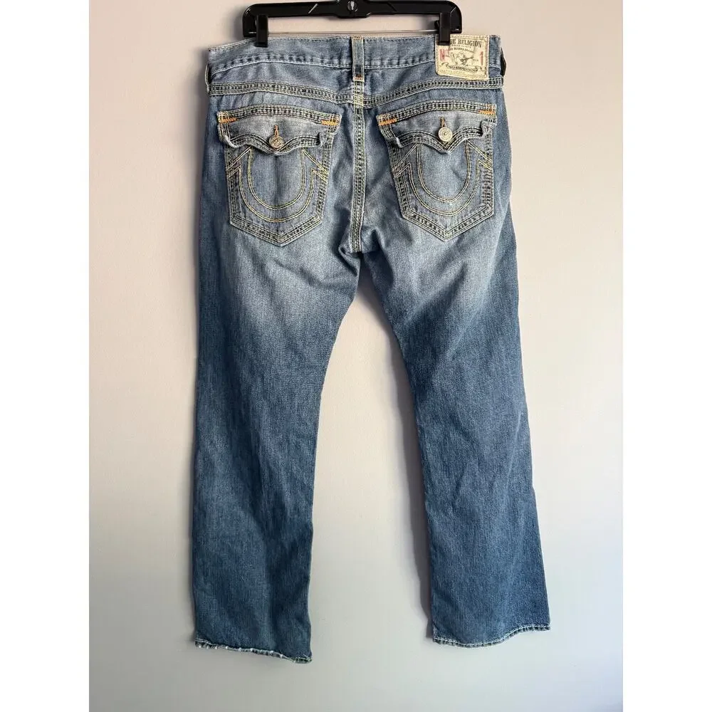 VTG True Religion Ricky Straight Jeans 38 Medium Wash Distressed Y2K Made in USA